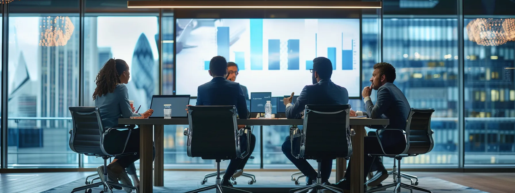 business professionals in a sleek boardroom discussing the benefits and availability of quantumrf technology in the uk.