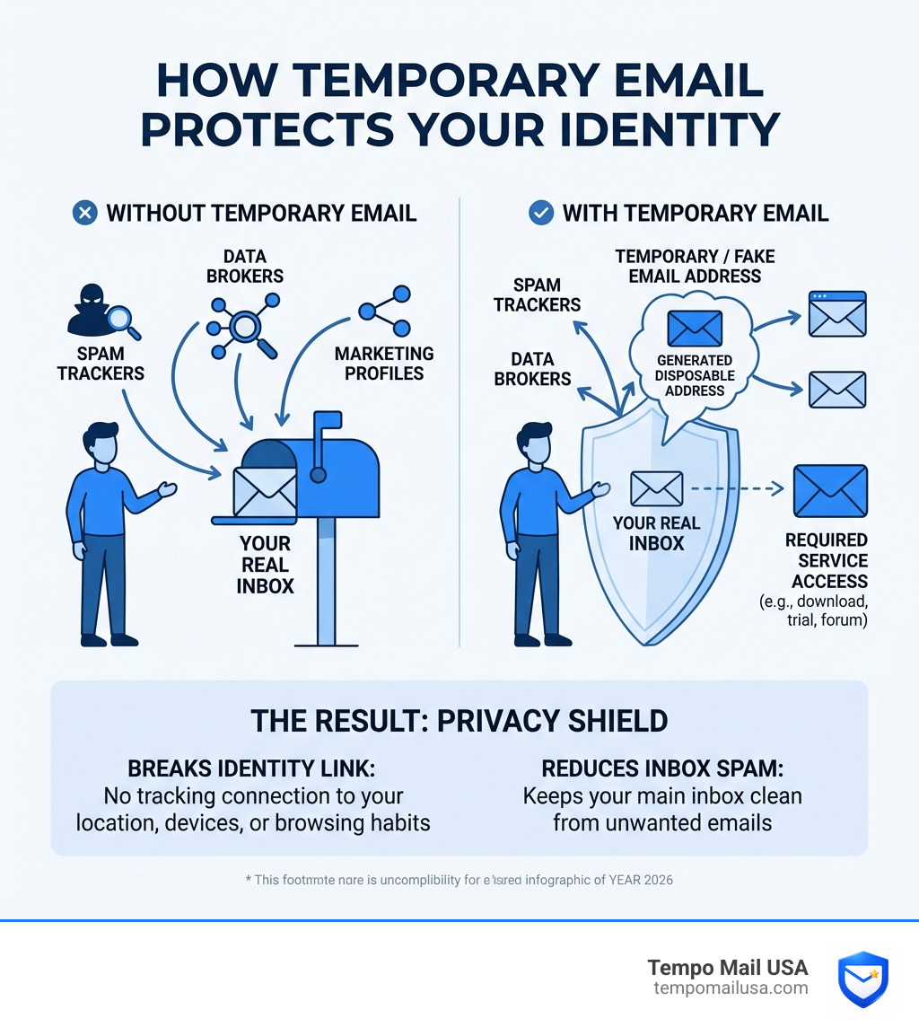 Infographic showing how a temporary email shields your real identity from spam trackers and data brokers - fake disposable